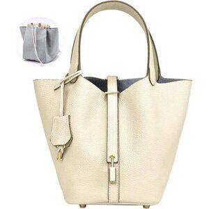 ⚡Women 07BeigeTrendy Genuine Leather Imported Bucket Bag Tote Top Handle Purses